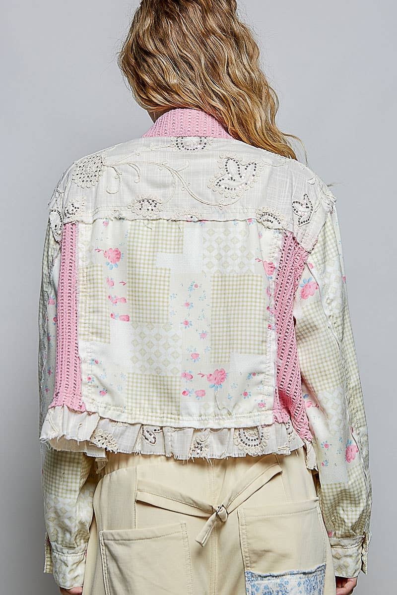 Pol Clothing - Printed Twill Ruffle Hem Lace-Up Cropped Jacket
