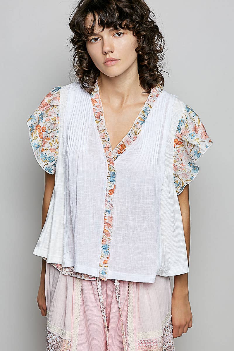 Pol Clothing - V neck Ruffle Sleeve Pintuck Contrast Woven Top