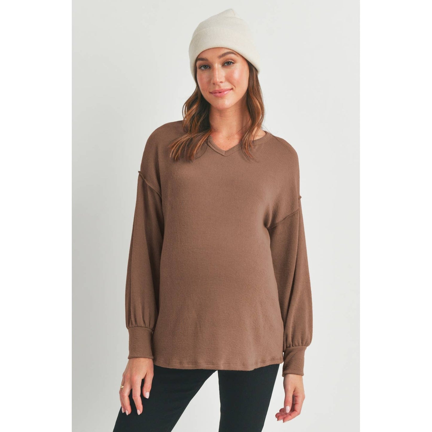 Hello Miz - Split Neck Long Sleeve Maternity Knit Top