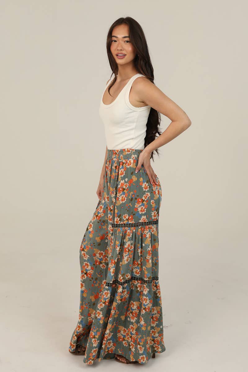 ANGIE - 25R84-A854 FLORAL PRINT WIDE LEG PANTS WITH LACE INSERTS