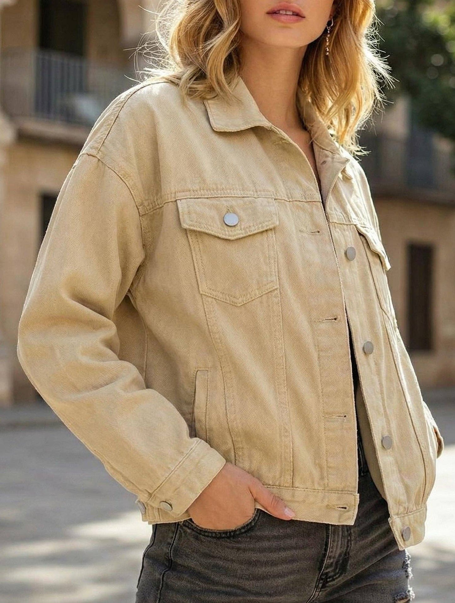 Lovenne - Solid color slim cropped denim jacket casual jacket