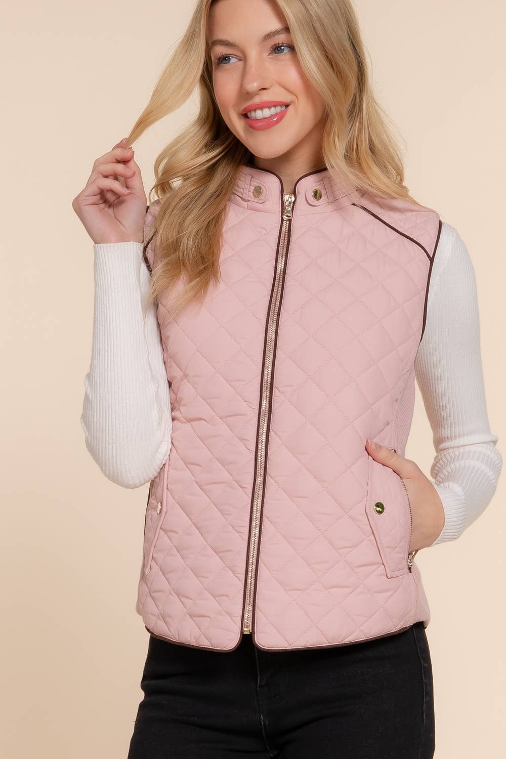 Active Basic | Active USA - Suede Piping Detail Rib Quilted Padding Vest