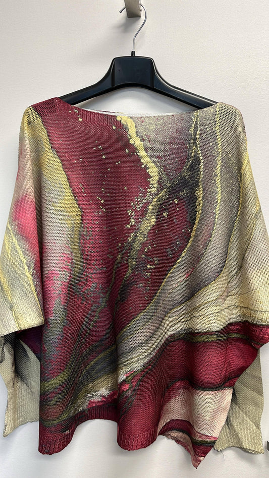 LOOWIE - VI1020 Tie-dye Burgundy Round Knit Long Sleeves Sweater