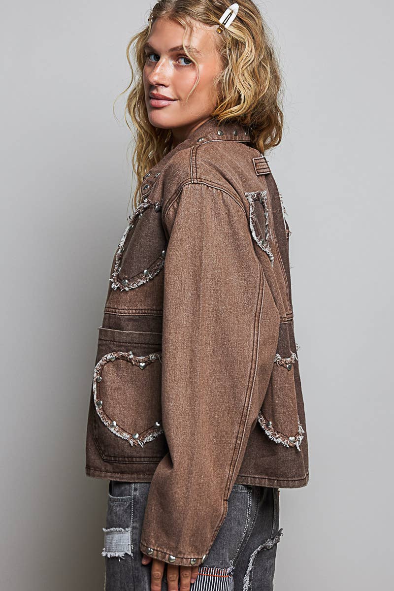 Pol Clothing - Heart-Shaped Patch Pockets Texture Stud Collar Woven Jacket