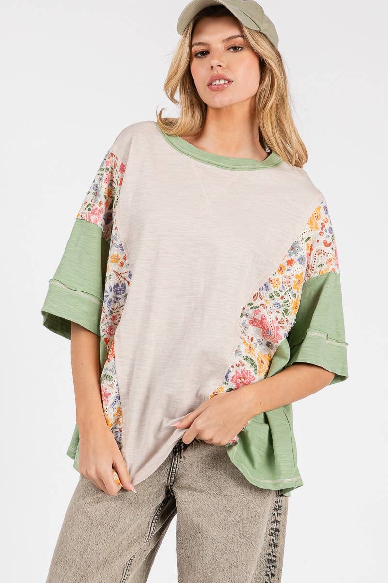 Sewn and Seen - WASHED FLORAL PATCHWORK OVERSIZED CONTRAST TEE