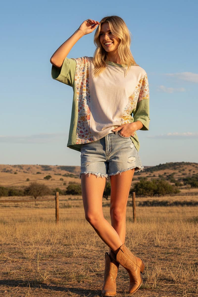 Sewn and Seen - WASHED FLORAL PATCHWORK OVERSIZED CONTRAST TEE