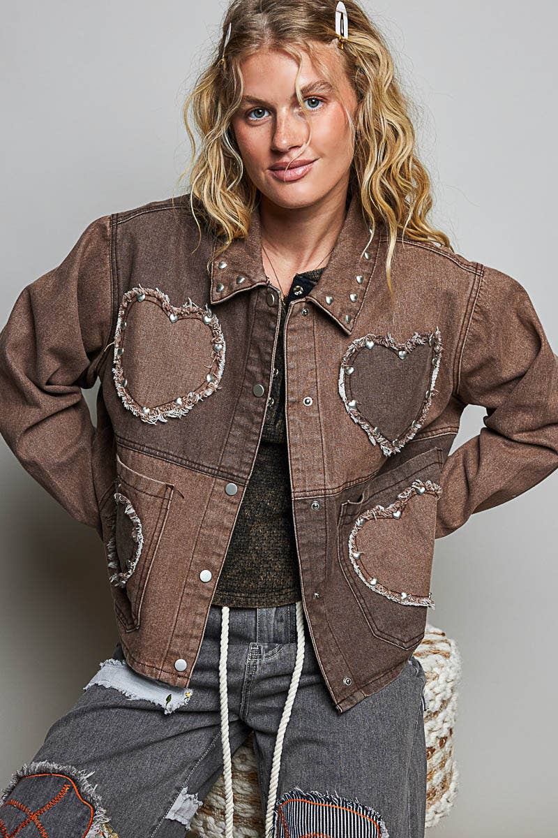 Pol Clothing - Heart-Shaped Patch Pockets Texture Stud Collar Woven Jacket