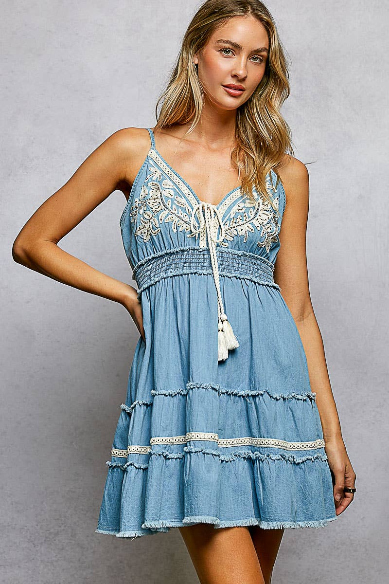 Pol Clothing - Vintage Denim Embroidered Smocked Ruffle Boho Dress