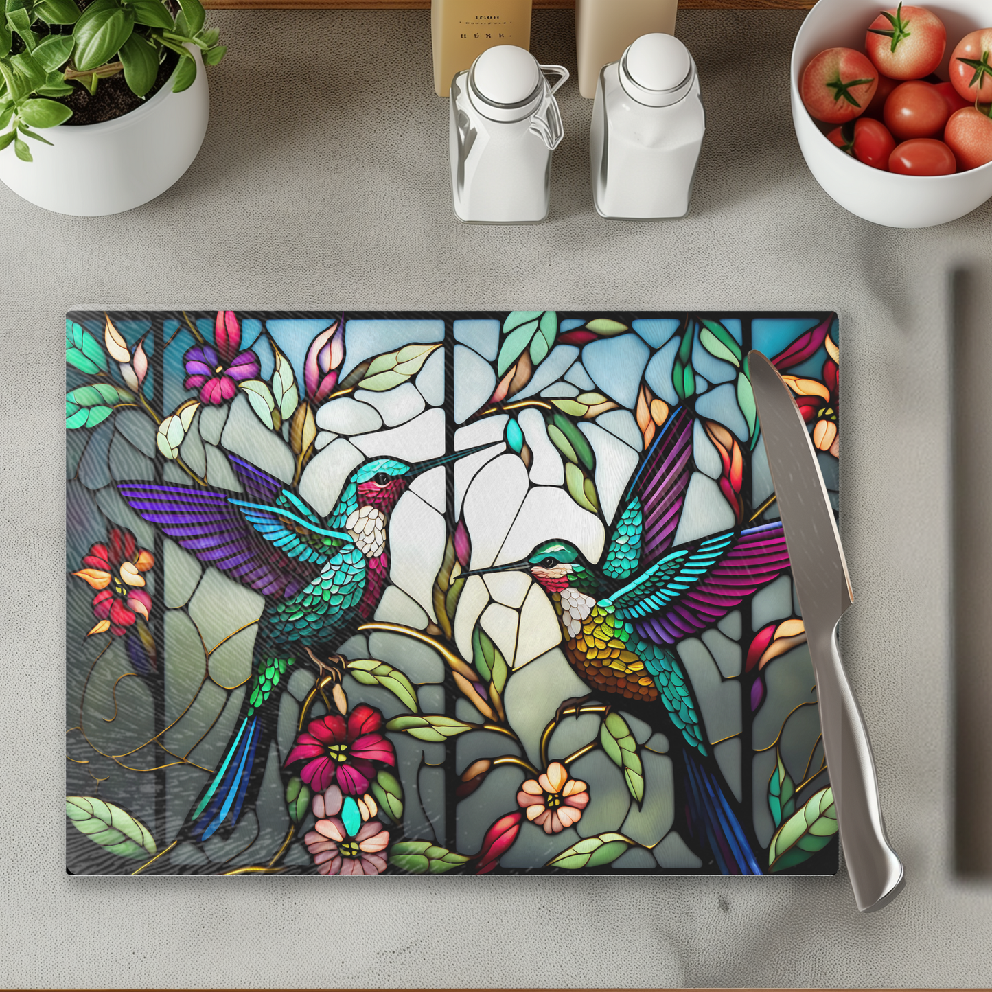 Fernville Creations - Tempered Glass Cutting Board: Hummingbird Charcuterie Tray