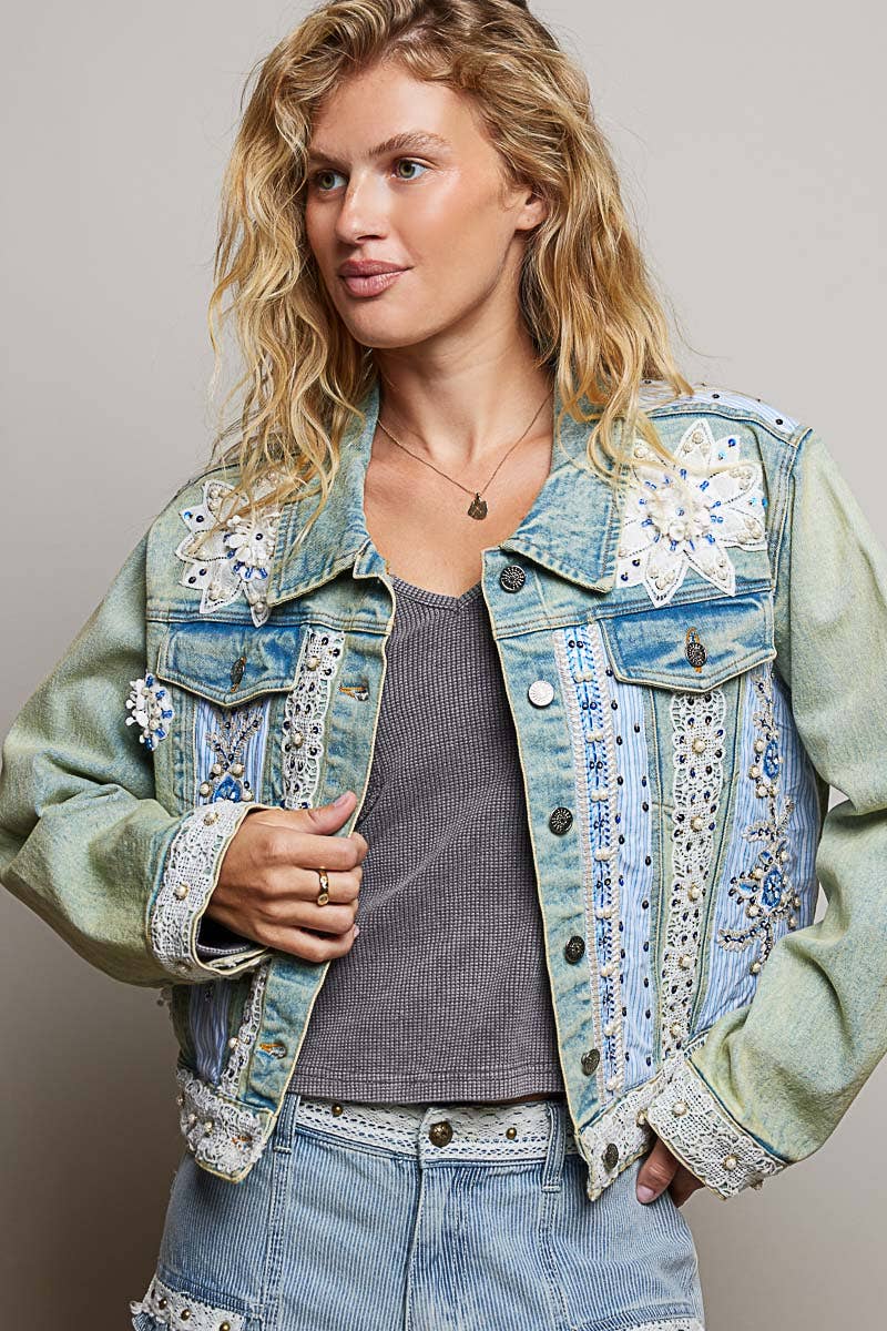 Pol Clothing - Cropped Pearl Studs Floral Patch Trim Denim Jacket