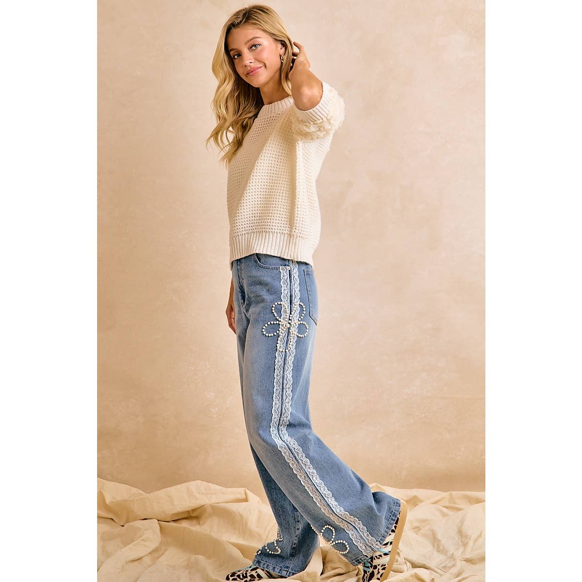 BiBi - LACE TRIM PEARL FLORAL WIDE LEG JEANS