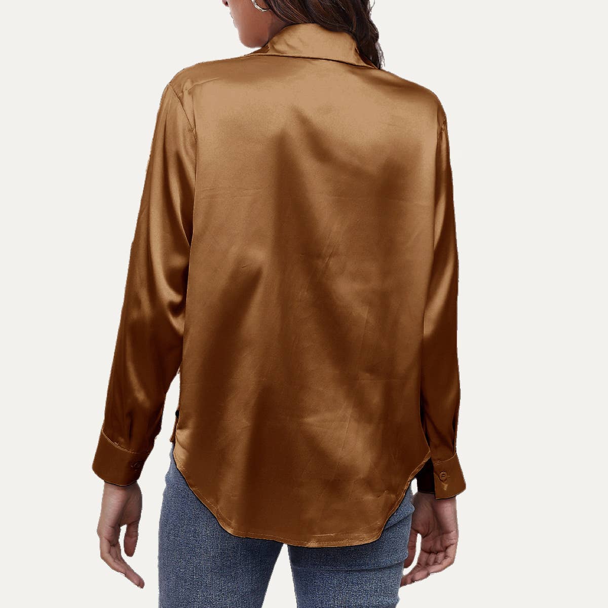Easily Chic Solid Long Sleeve Button-Up Satin Shirt: BROWN / M