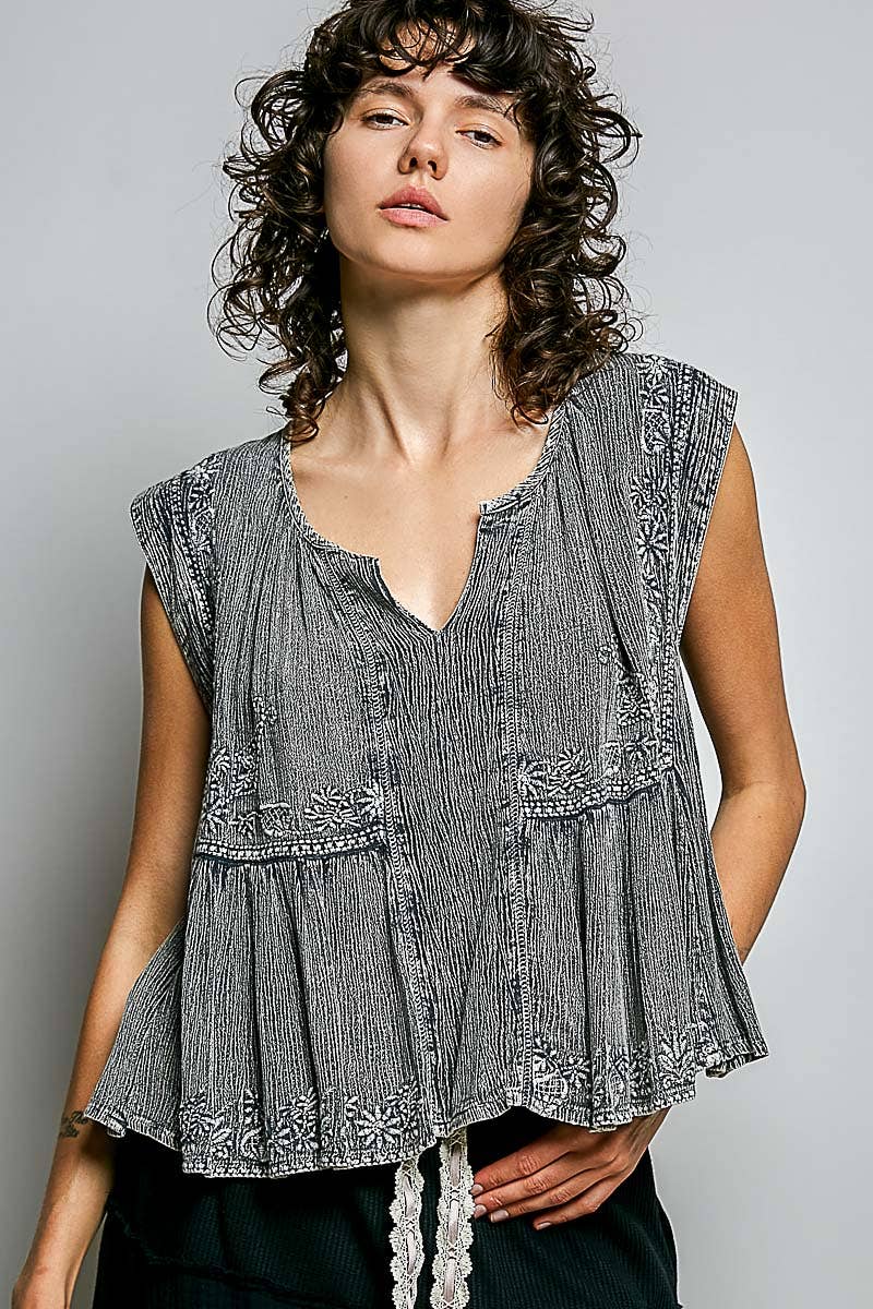 Pol Clothing - V-neck Sleeveless Vintage Washing Solid Linen Woven Top