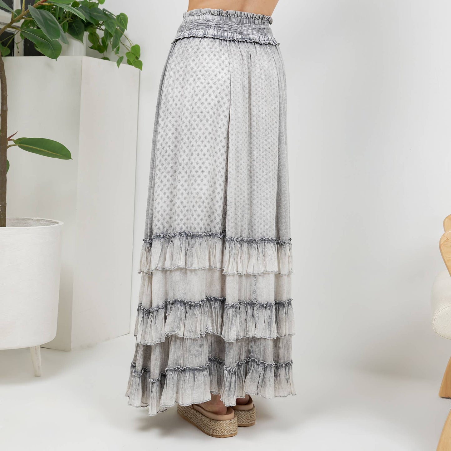 Young Threads - Rustic Textured Smocked Waist Ruffled Tiered Maxi Skirt