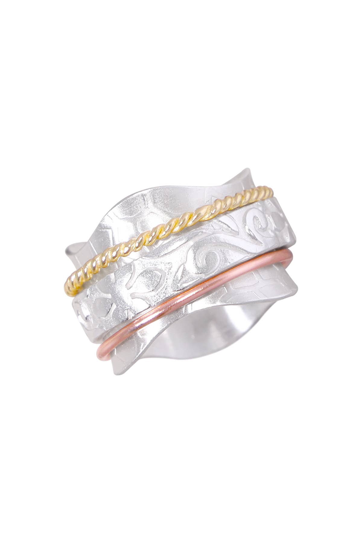 Zoey Simmons - Tri-Tone Floral Vine Spinner Ring - SP/GP/RG