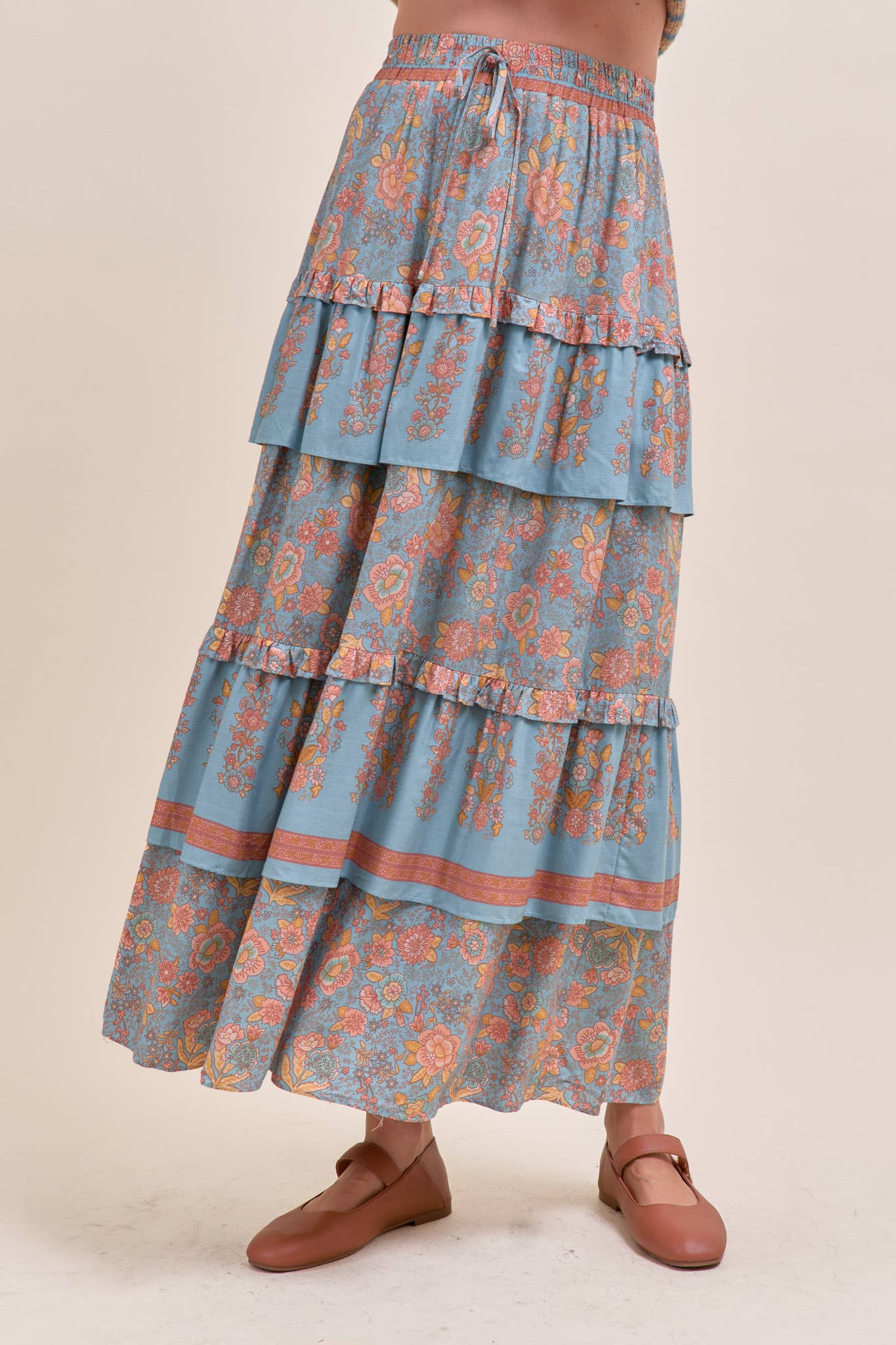 &MERCI - RUFFLE TIERED BORDER PRINT MIDI SKIRT MSK4166