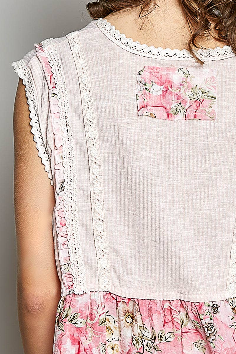 Pol Clothing - V-neck Floral Pattern Trim Ruffle Rib Knitted Sleeveless Top