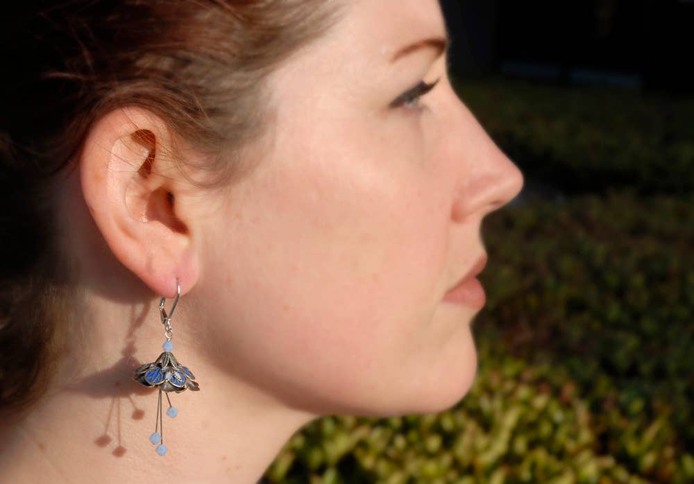 NoMonet - Flower Fairy: Painted Whimsical Lily Pad Earrings w Crystals
