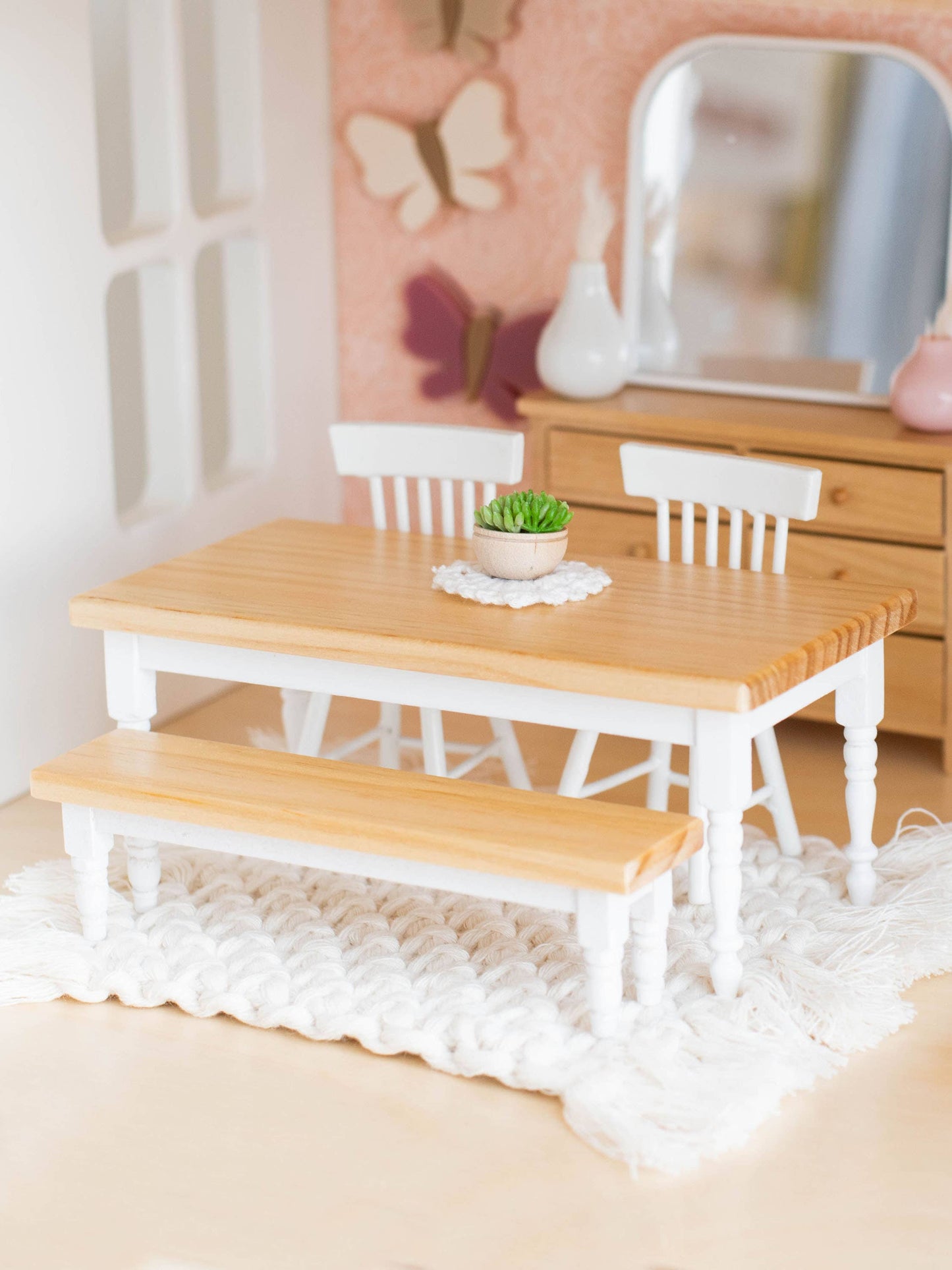 Macy Mae Dollhouse Designs - Dollhouse Classic Bench Seat | Natural Wood & White
