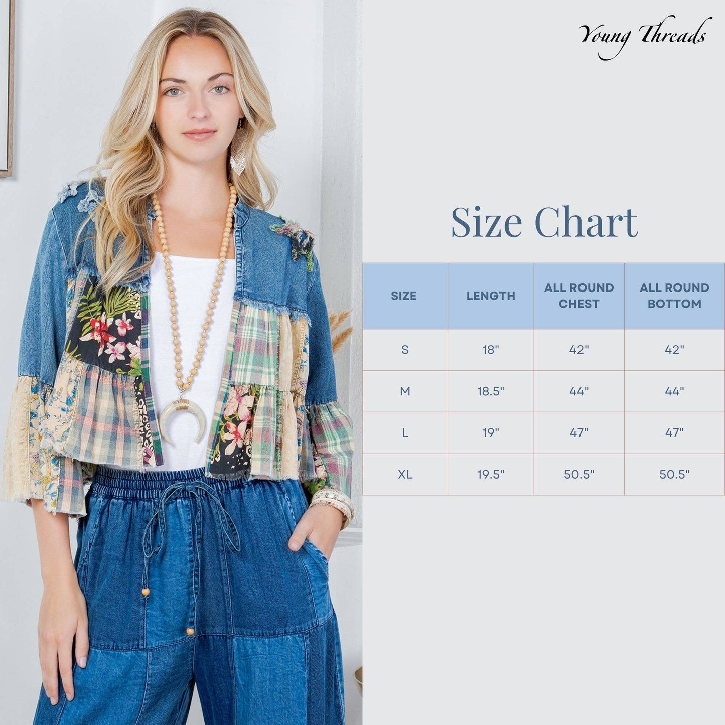 Young Threads - Tiered Patchwork Denim Cropped Shrug with Pants -Sold As Set