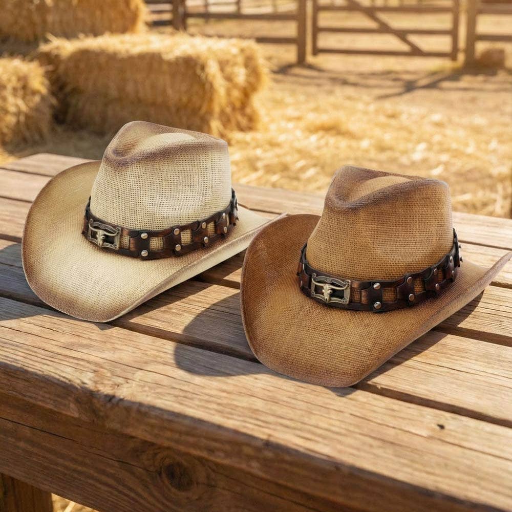 Sensibling Corp. - Longhorn Steer Head Buckle Accent Rugged Studded Band Western Straw Cowboy Hat