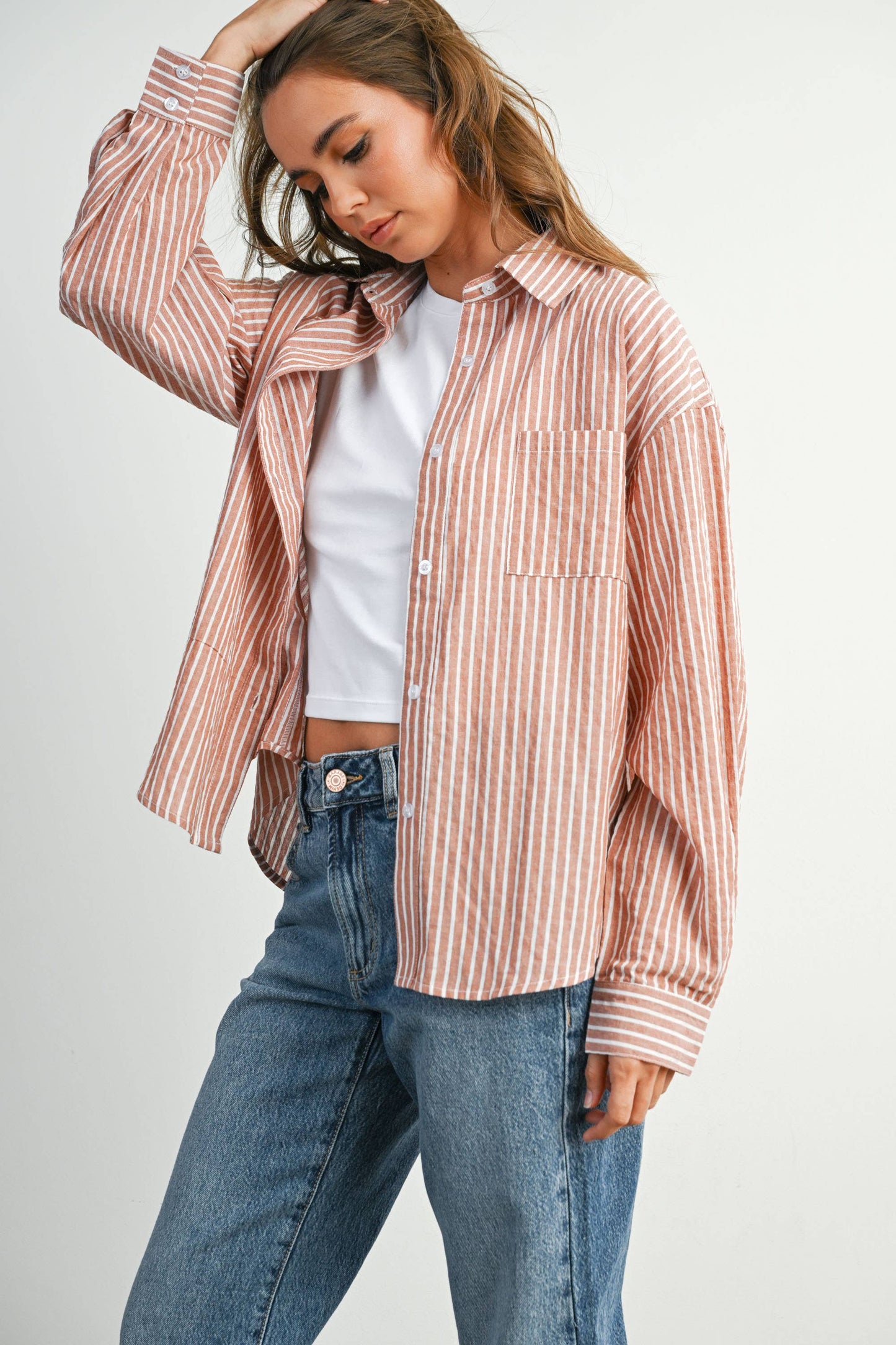 BUTTERMELON - Cropped Striped Button-Up Collared Long Sleeve Top - BMT7915