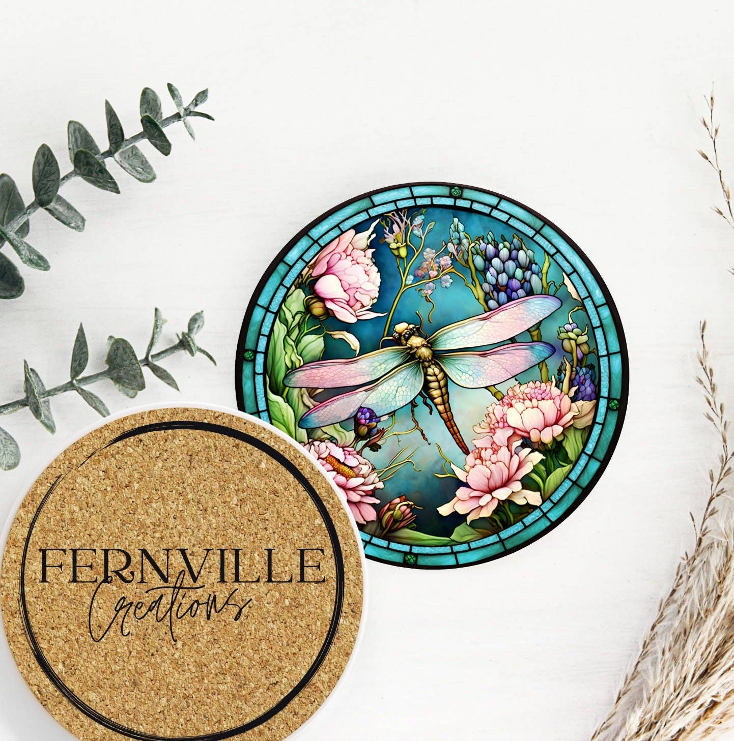 Fernville Creations - Dragonfly Coaster with Pink Flower for Coffee Table Decor