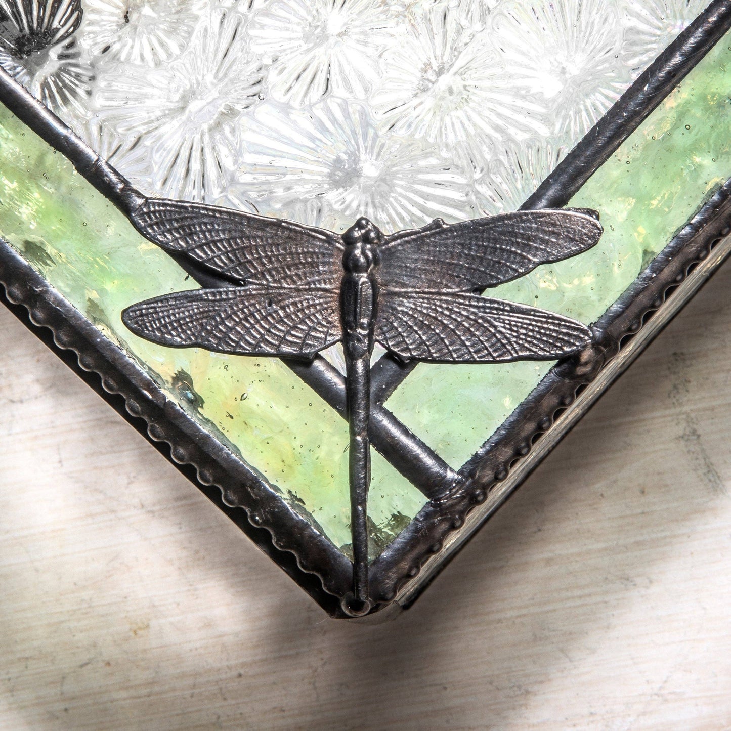 J Devlin Glass Art & Bert Anderson Collection - Box 141 Sage and Clear Florentine Glass Box with Dragonfly Accent