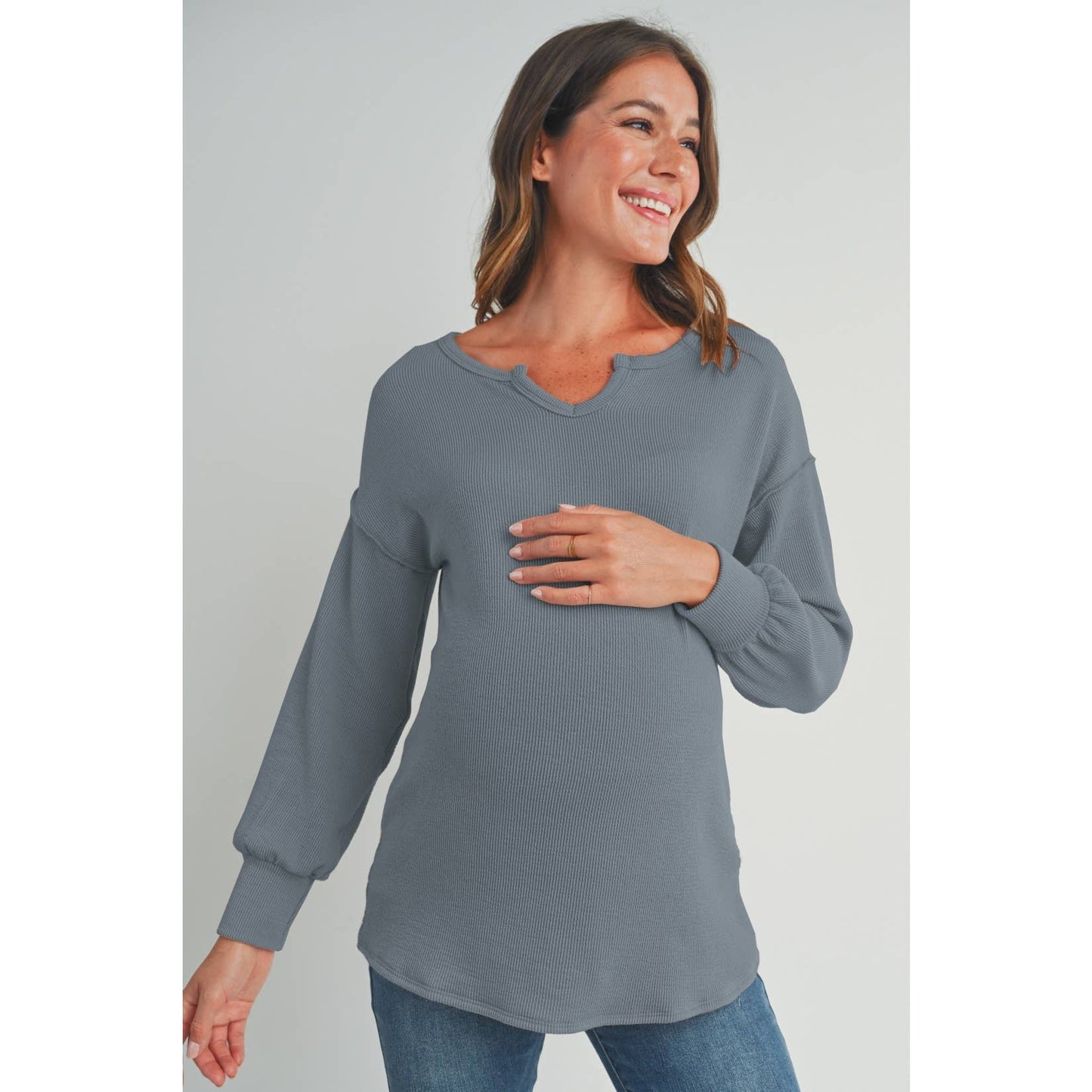 Hello Miz - Split Neck Long Sleeve Maternity Knit Top