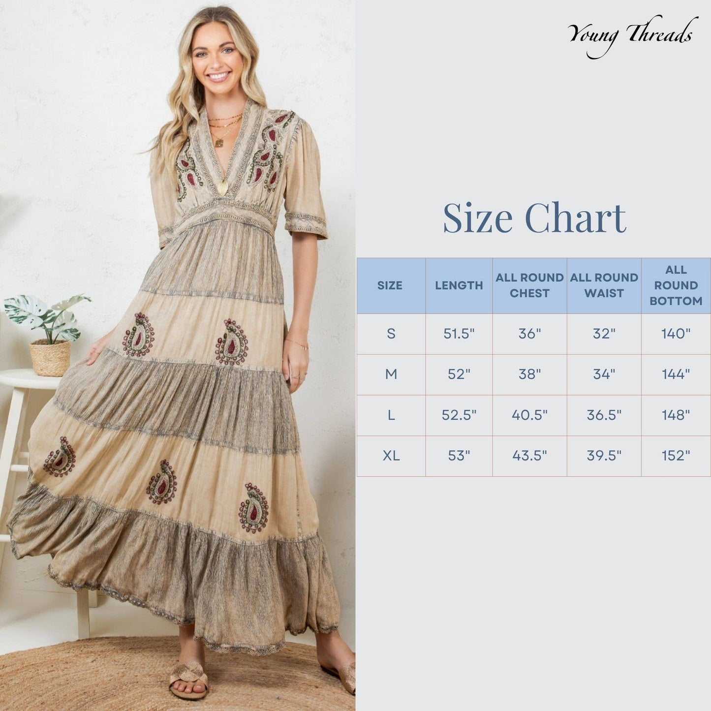Young Threads - Boho Breeze: 5 Tiers V Neck Long Maxi Dress 