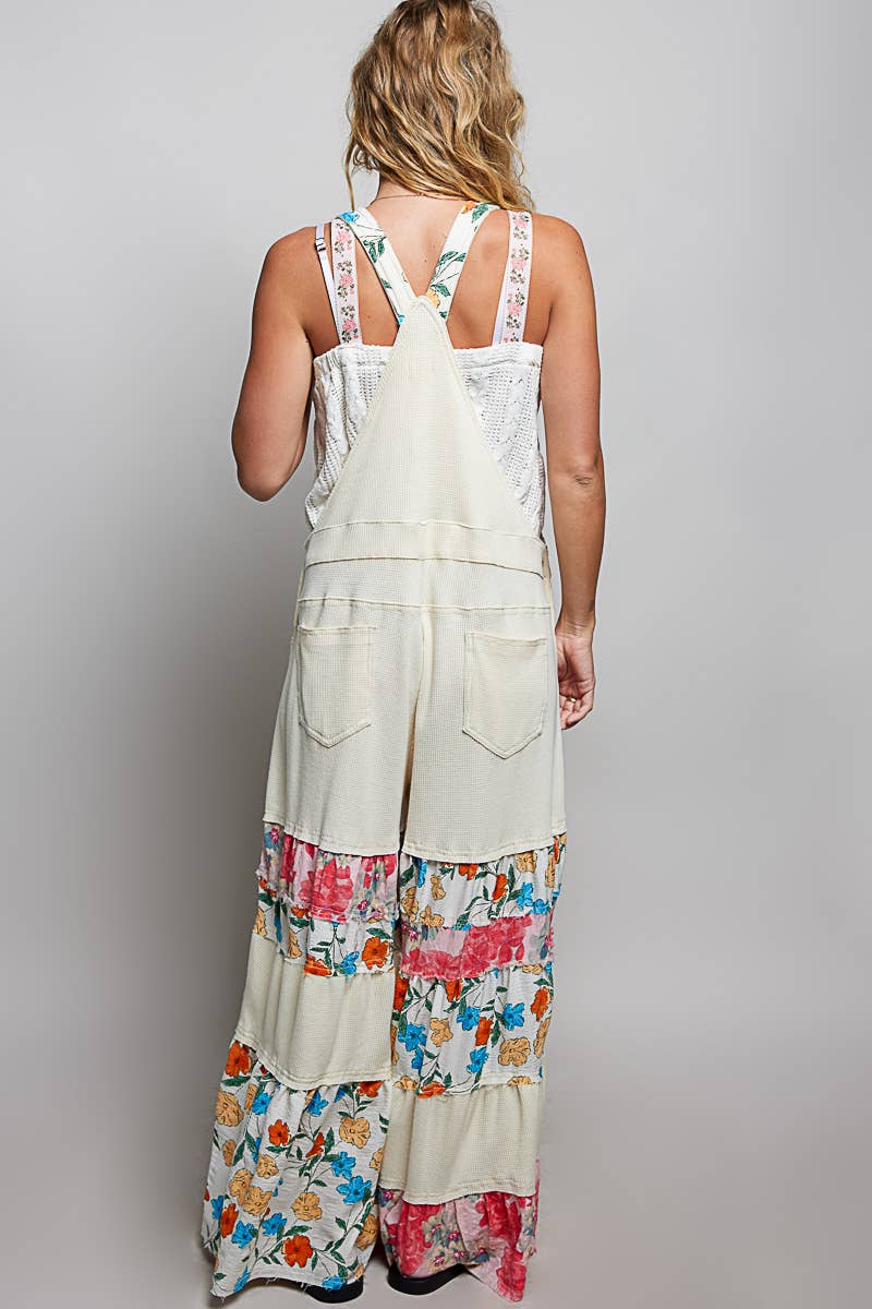 Pol Clothing - Feminine Mixed Printed Fabric Ruffle Wide Leg Overall