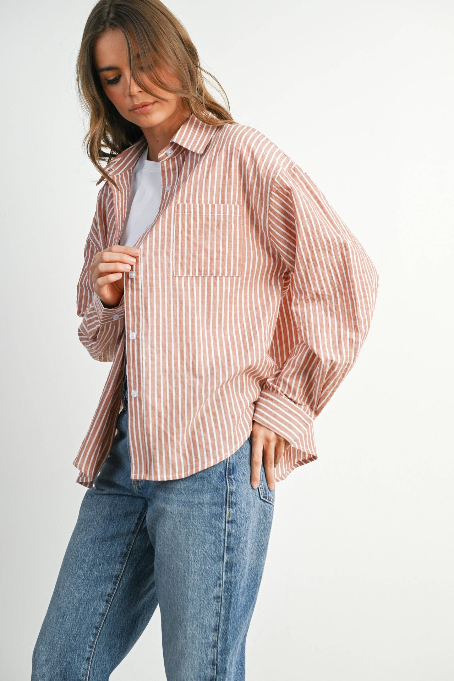 BUTTERMELON - Cropped Striped Button-Up Collared Long Sleeve Top - BMT7915