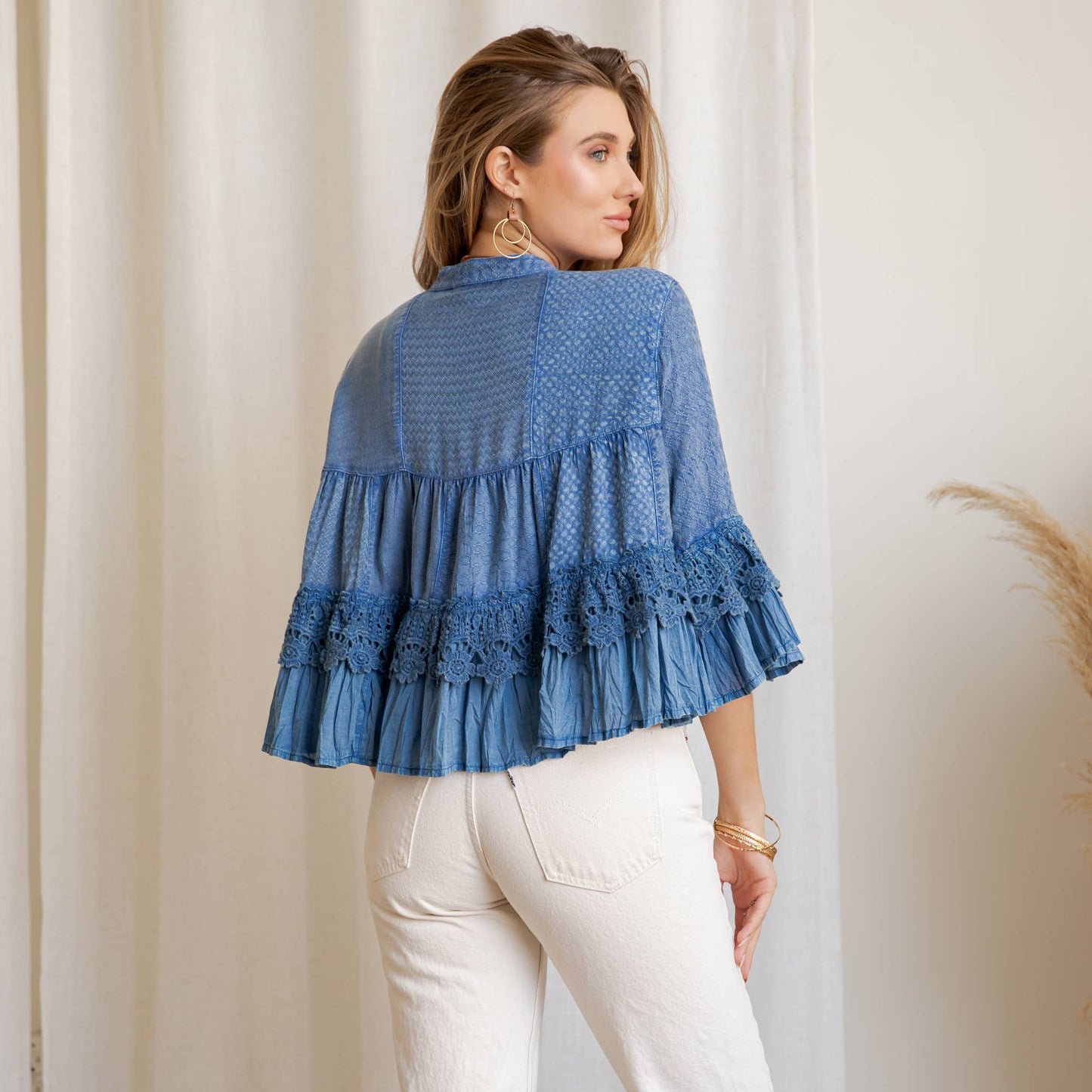 Young Threads - Mineral Wash Tiered Crochet Lace Open Front Shrug - 3 Colors
