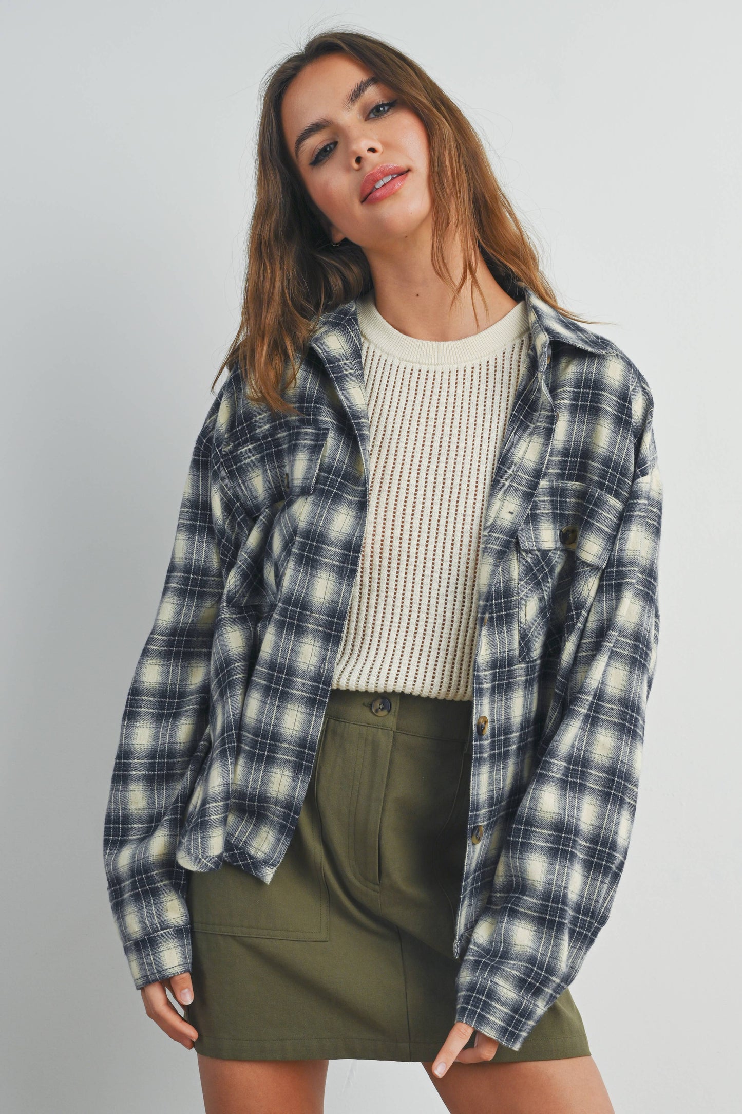 BUTTERMELON - Plaid Long-Sleeve Shirt Jacket - BMJ7328