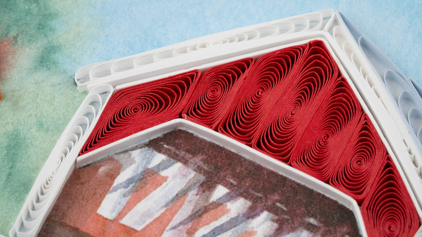 Quilling Card - Quilled Red Covered Bridge Greeting Card