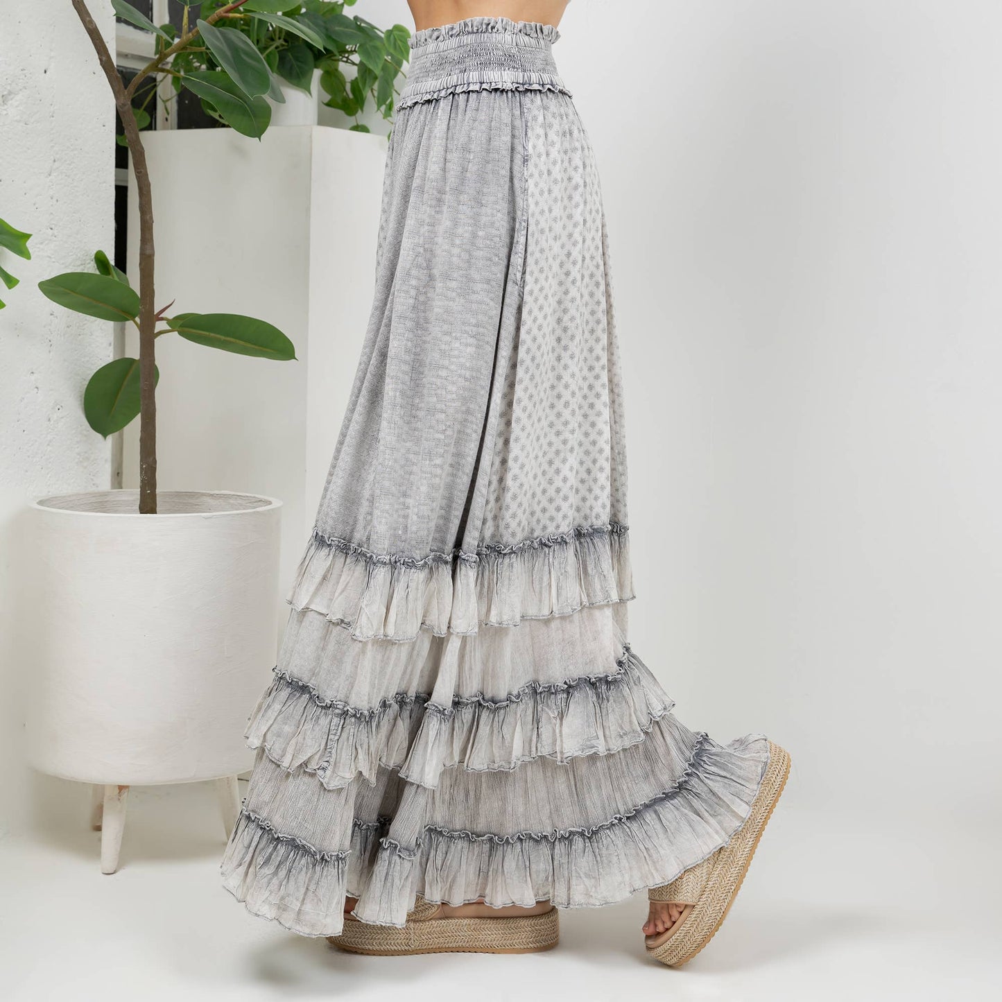 Young Threads - Rustic Textured Smocked Waist Ruffled Tiered Maxi Skirt
