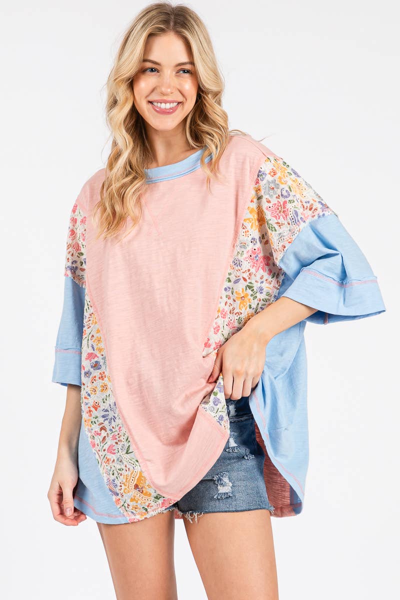 Sewn and Seen - WASHED FLORAL PATCHWORK OVERSIZED CONTRAST TEE