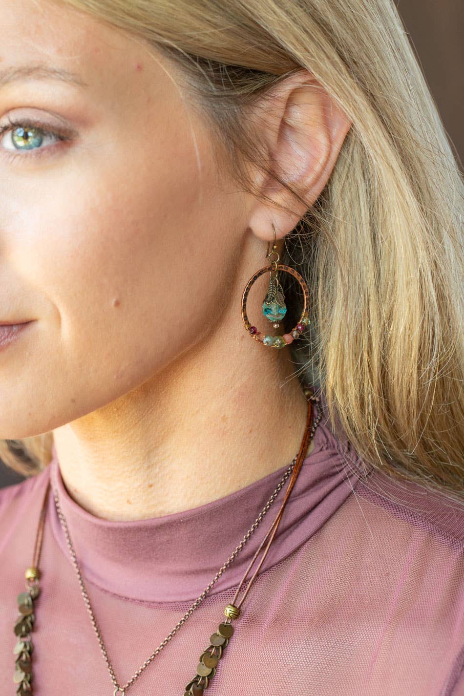 Anne Vaughan Designs Jewelry - Mauve Czech Glass, Crystal, Garnet Hoop Earrings