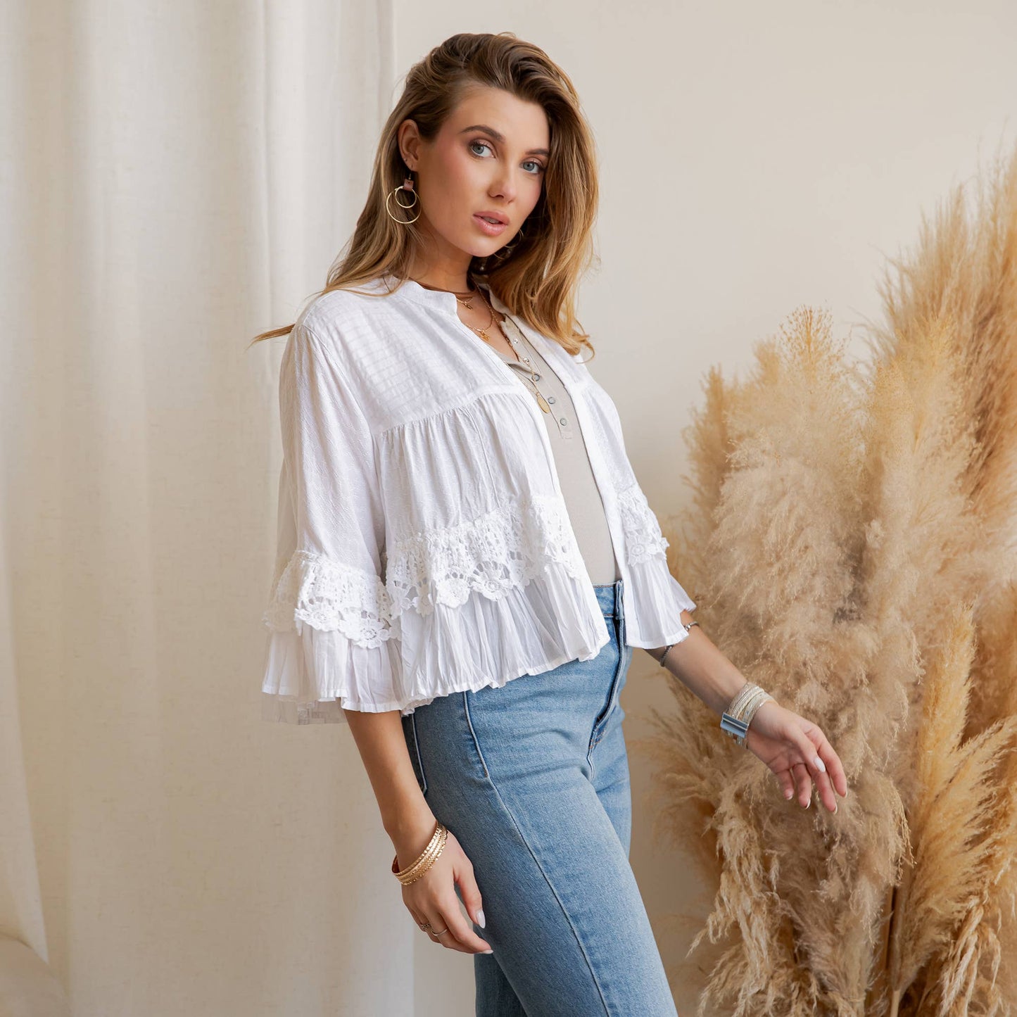 Young Threads - Mineral Wash Tiered Crochet Lace Open Front Shrug - 3 Colors