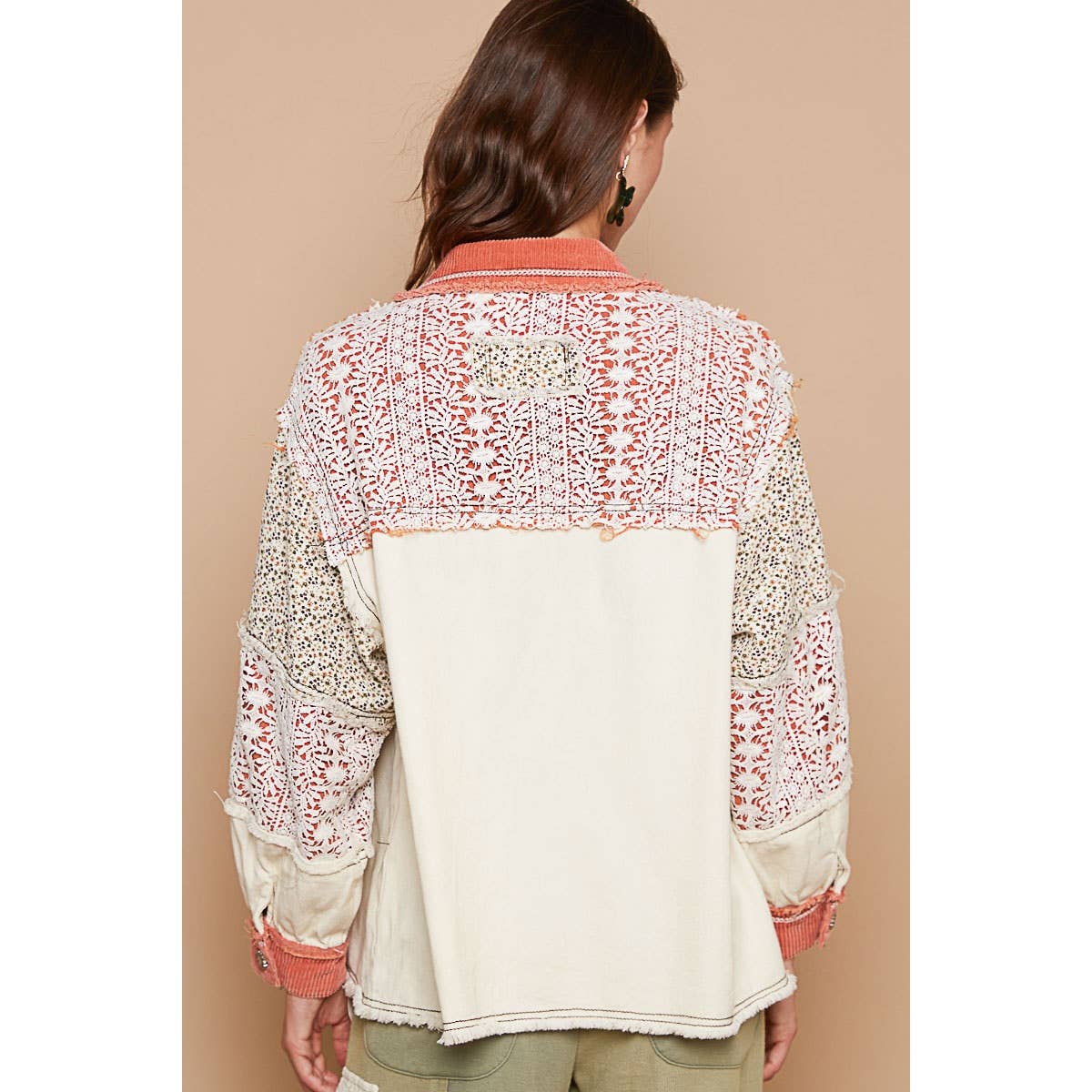 Pol Clothing - Vintage washed crochet contrast twill jacket