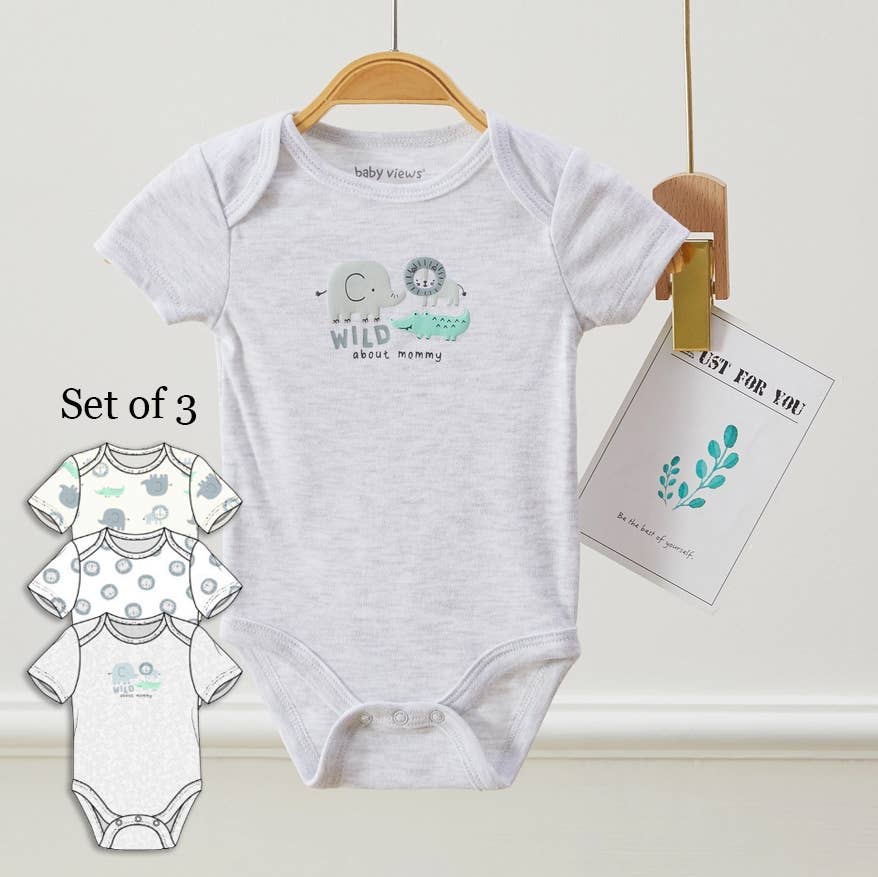 Lollipop Dreams - Pack of 3 Baby Boys Safari Animal Short Sleeves Bodysuits
