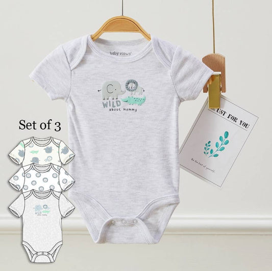 Lollipop Dreams - Pack of 3 Baby Boys Safari Animal Short Sleeves Bodysuits