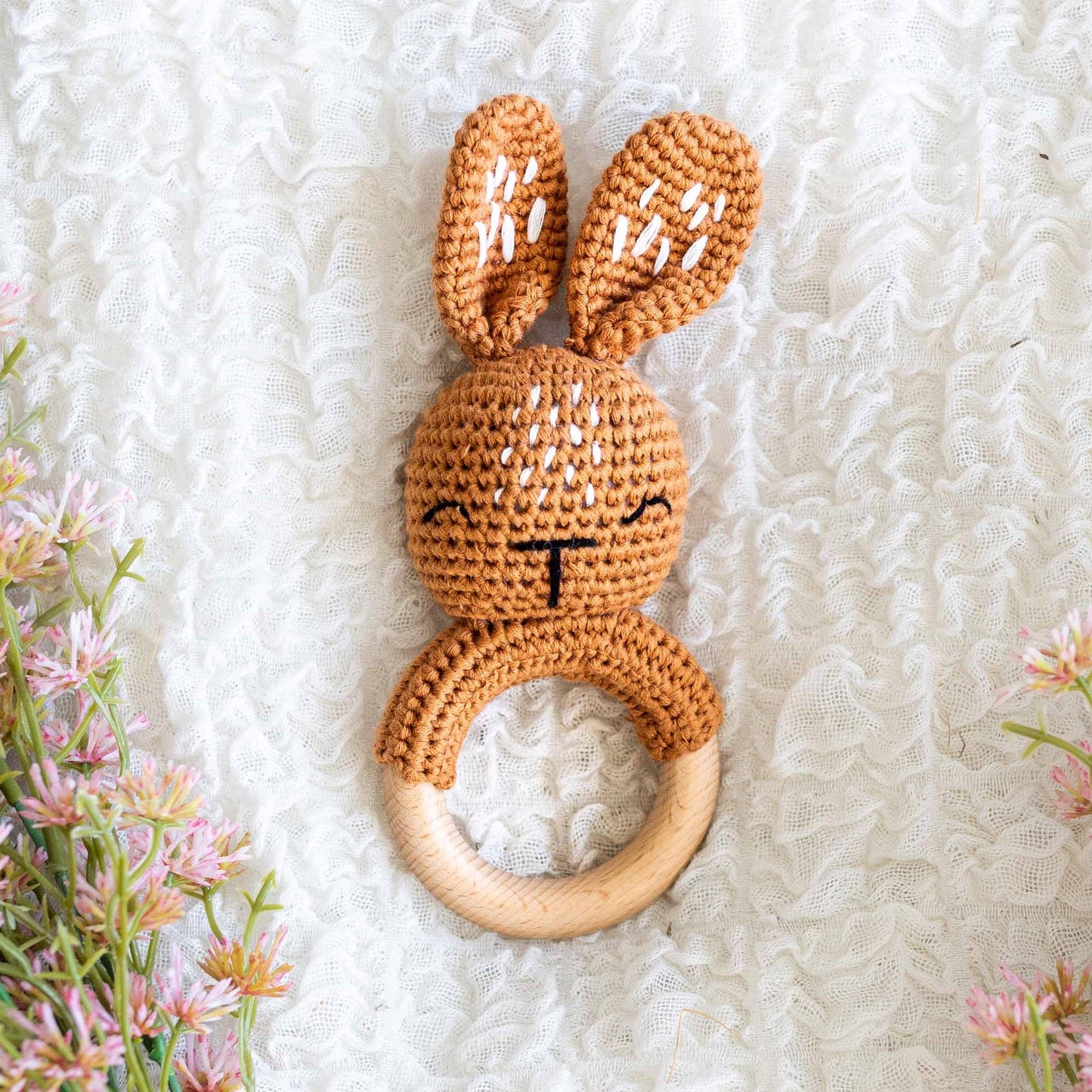 Wonderjoys Baby Co - Bunny Hand Crochet Rattle, Rich Walnut