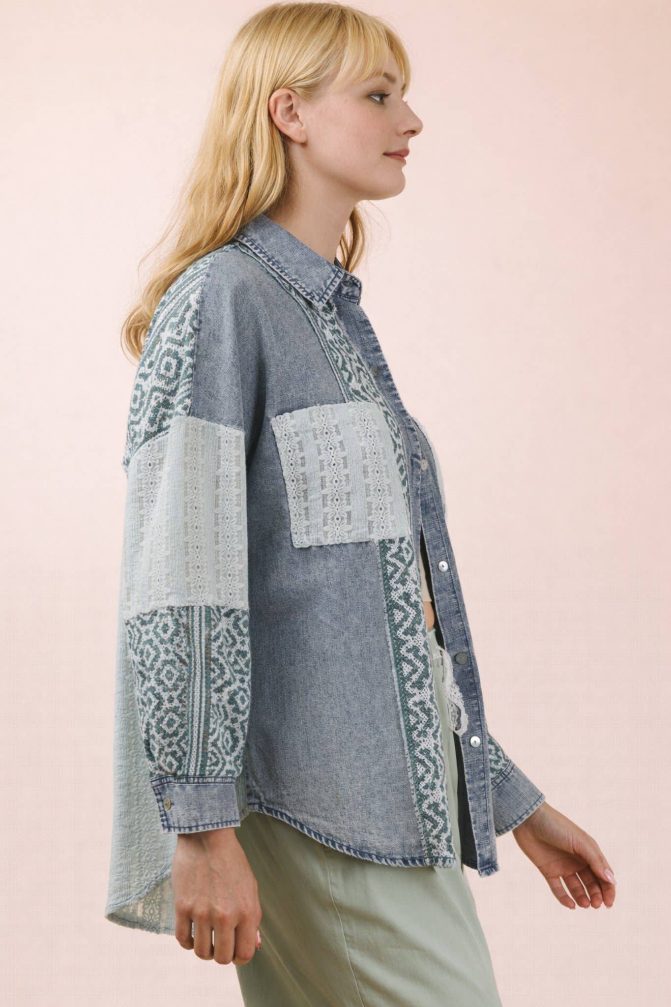 VERY J - NT12456-Oversized Washed Denim Shirt Top W/ Cont Fabric