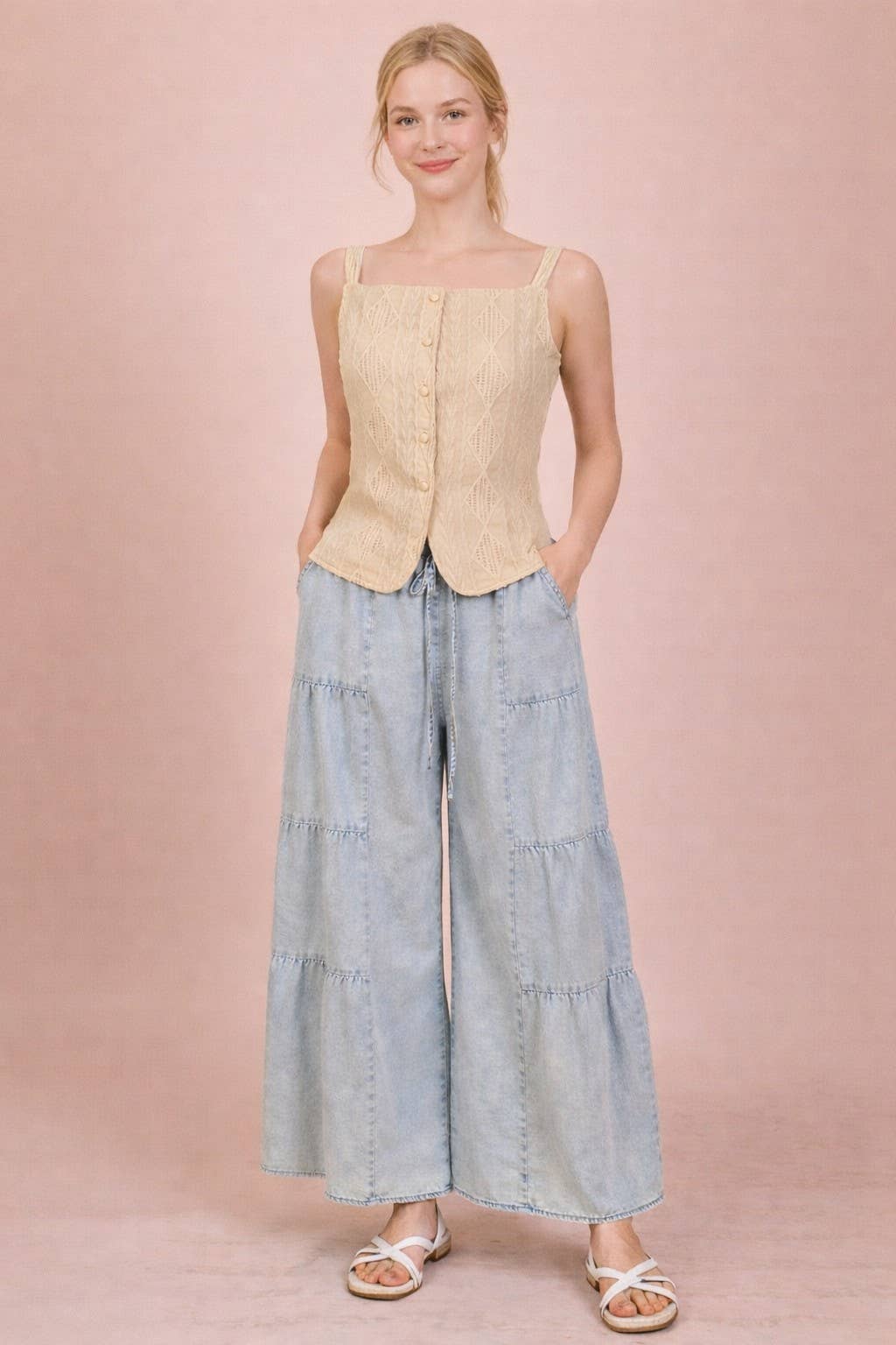 VERY J - NP70989-Tiered Layers Mineral Washed Chambray Pants