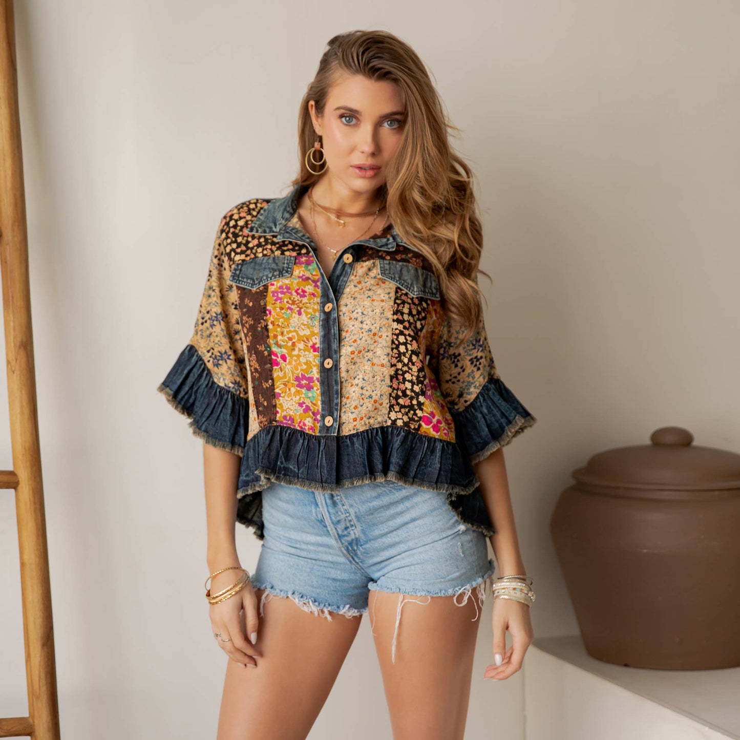 Young Threads - Distressed Denim Crop Jacket with Ruffled Hem
