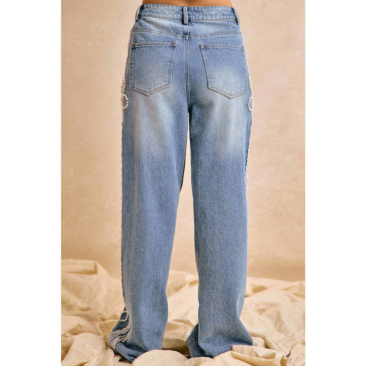 BiBi - LACE TRIM PEARL FLORAL WIDE LEG JEANS