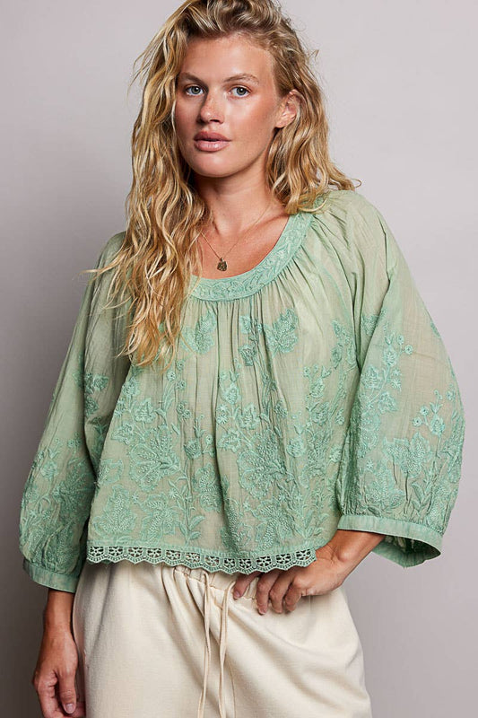 Pol Clothing - Floral Embroidered Lace Hem Boho Blouse