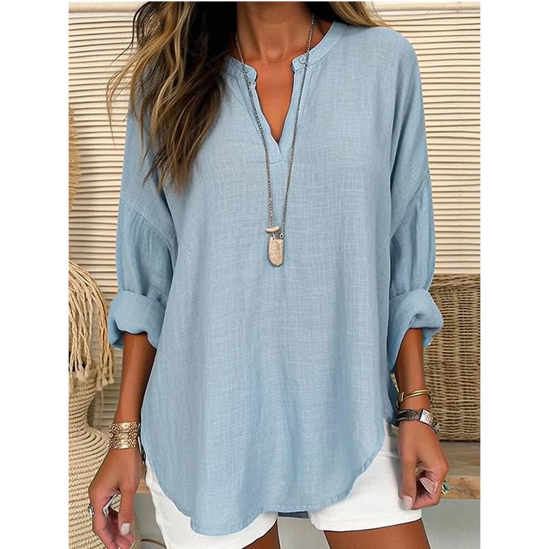 NINEXIS - CWTBLL0260_Blouse Linen Long Sleeve Casual V Neck Top