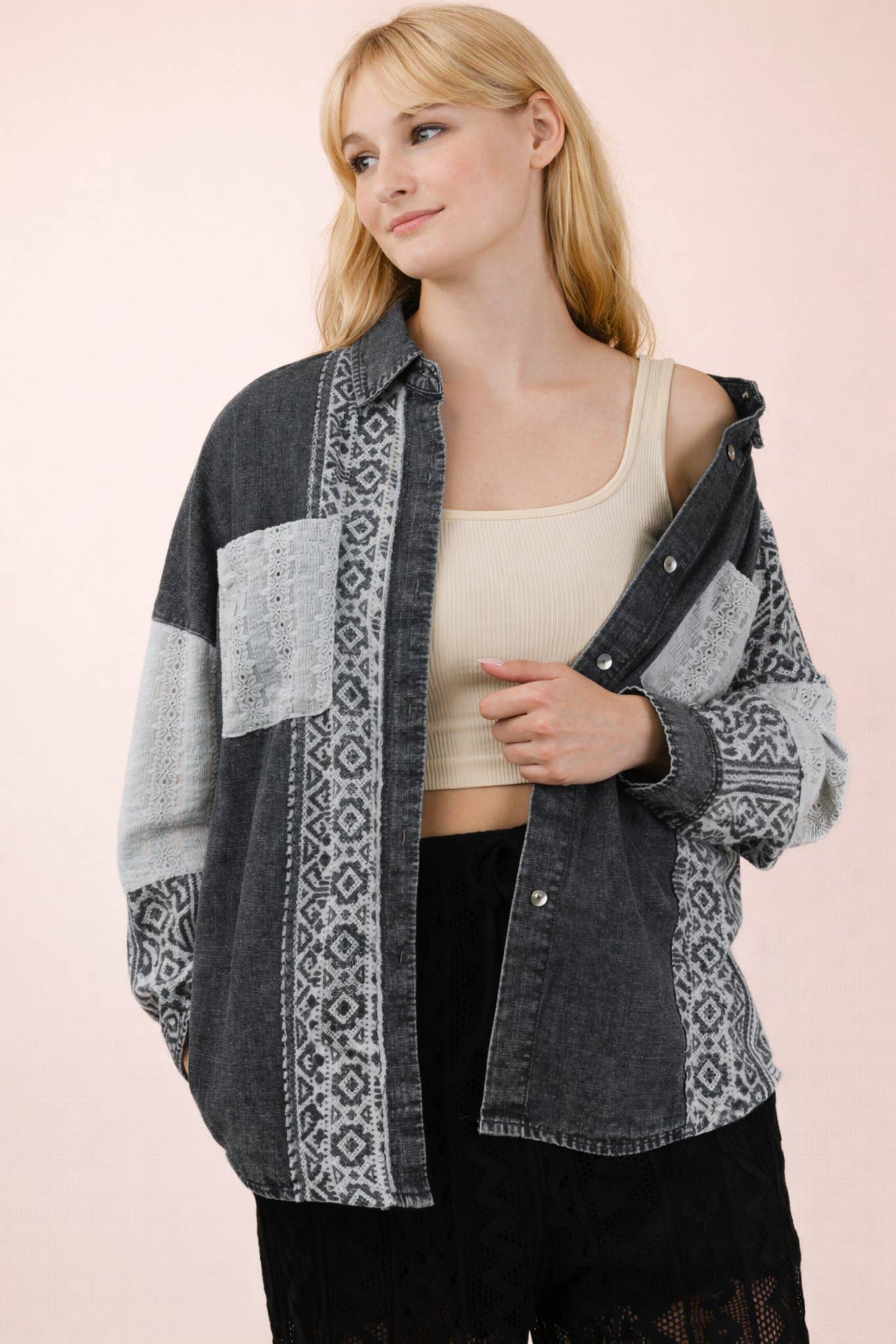 VERY J - NT12456-Oversized Washed Denim Shirt Top W/ Cont Fabric